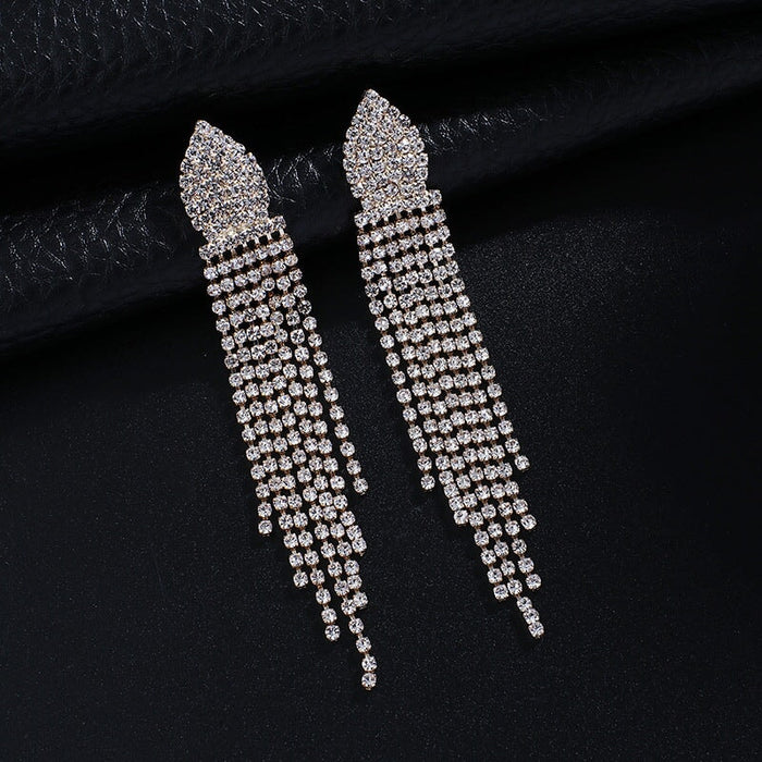 Wholesale Long Colorful Rhinestone Tassel Drop Earrings JDC-ES-ZHONGW007 Earrings 众薇 Gold + White Diamond Wholesale Jewelry JoyasDeChina Joyas De China