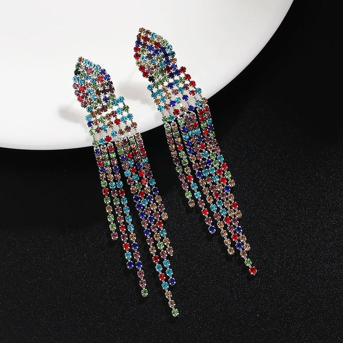 Wholesale Long Colorful Rhinestone Tassel Drop Earrings JDC-ES-ZHONGW007 Earrings 众薇 Silver + Colored Diamonds Wholesale Jewelry JoyasDeChina Joyas De China