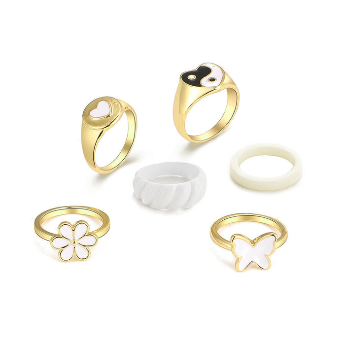 Wholesale love drip oil butterfly daisy alloy ring 6 piece set JDC-RS-F078 Rings 韩之尚 Wholesale Jewelry JoyasDeChina Joyas De China