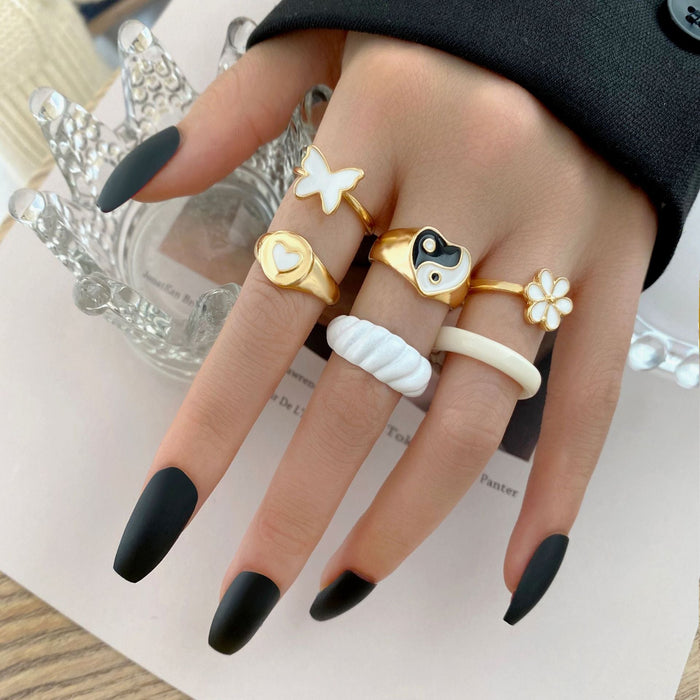Wholesale love drip oil butterfly daisy alloy ring 6 piece set JDC-RS-F078 Rings 韩之尚 Wholesale Jewelry JoyasDeChina Joyas De China