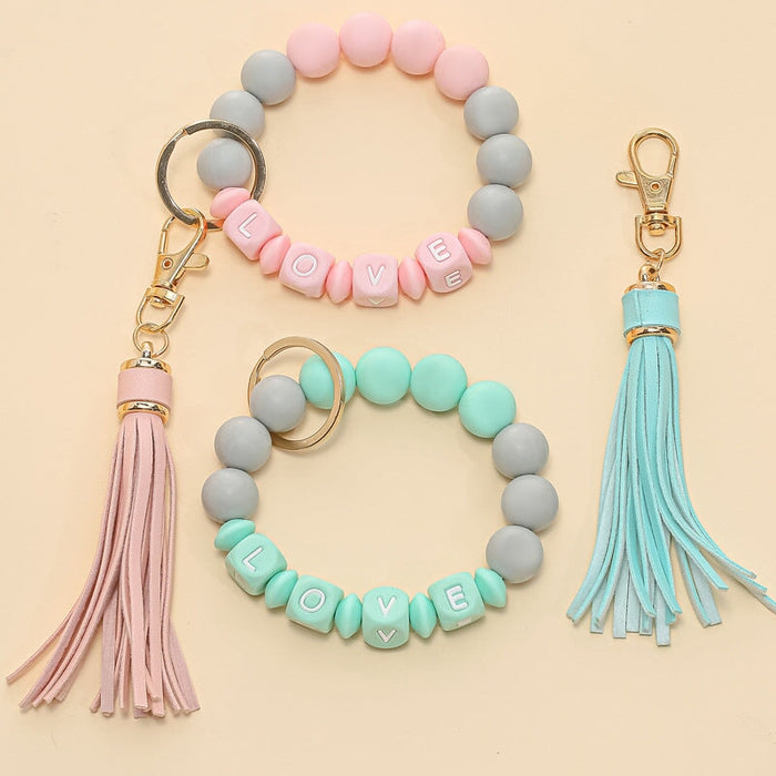 Wholesale LOVE Silicone Beaded Leather Tassel Keychain JDC-KC-HeYu001 Keychains 荷玉 Wholesale Jewelry JoyasDeChina Joyas De China
