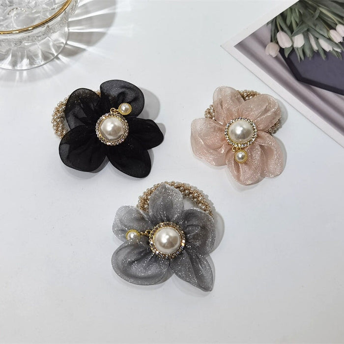 Wholesale Mesh Pearl Sunflower Rubber Band Hair Tie Hair Scrunchies JDC-HS-YaoX001 Hair Scrunchies 姚萱 Wholesale Jewelry JoyasDeChina Joyas De China