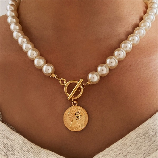 Bulk Jewelry Wholesale Necklace human head coin pearl one word buckle open collarbone chain JDC-NE-xc025 Wholesale factory from China YIWU China