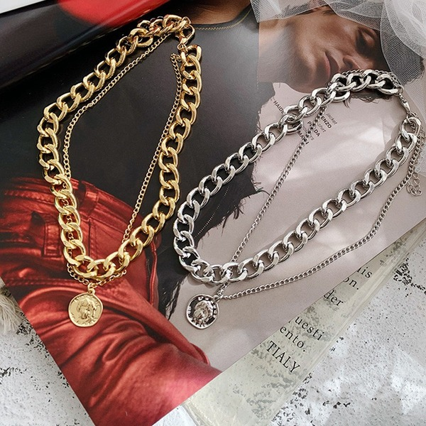 Bulk Jewelry Wholesale necklace retro portrait exaggerated thick double personality chainJDC-NE-xc145 Wholesale factory from China YIWU China