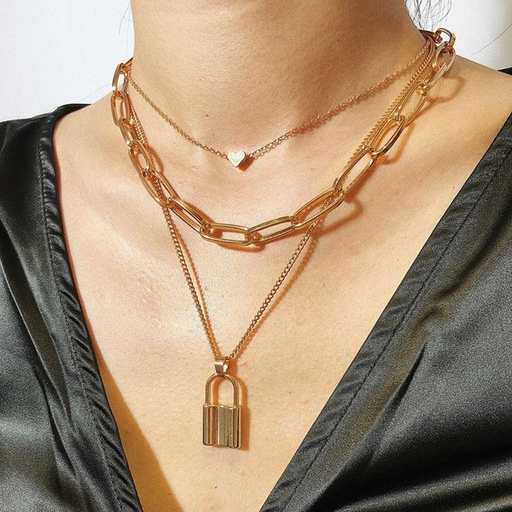 Bulk Jewelry Wholesale necklace thick chain multilayer geometric lock-shaped love JDC-NE-xc148 Wholesale factory from China YIWU China