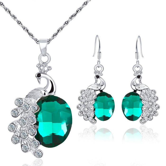 Wholesale peacock set diamond multi-color gemstone necklace stud earring set JDC-NE-Yiz001 Necklaces 艺真 Pore green Wholesale Jewelry JoyasDeChina Joyas De China