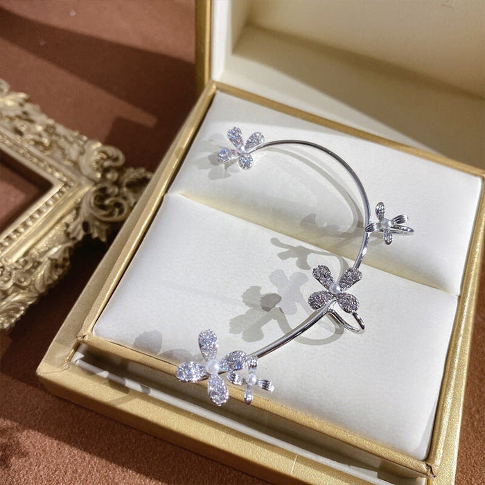 Wholesale pearl flower diamond-encrusted alloy ear clips JDC-ES-ChiH009 Earrings 池豪 Silver left ear Wholesale Jewelry JoyasDeChina Joyas De China