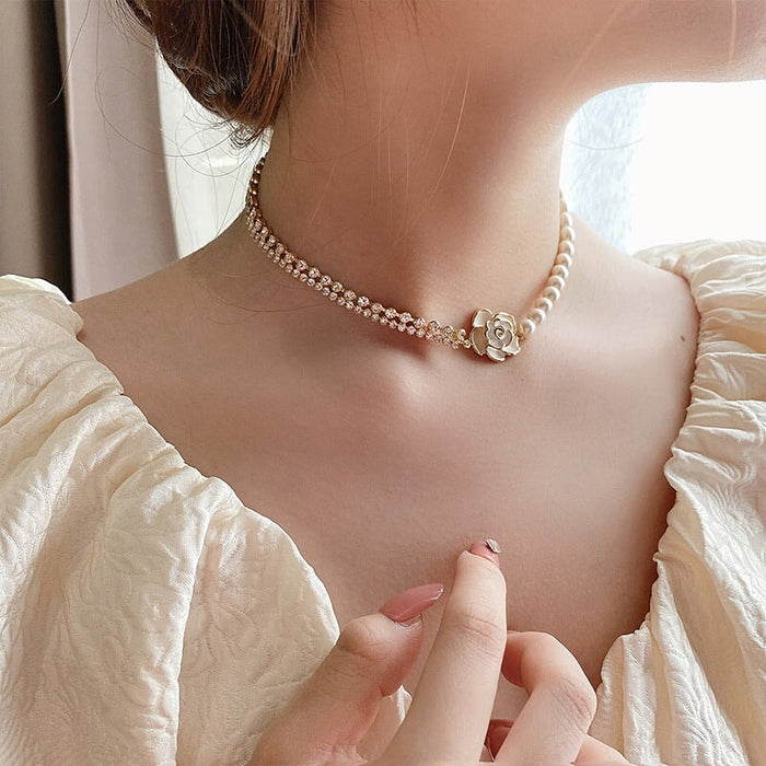 Wholesale pearl splicing camellia alloy necklace JDC-NE-BaoY001 Necklaces 宝钰 Wholesale Jewelry JoyasDeChina Joyas De China