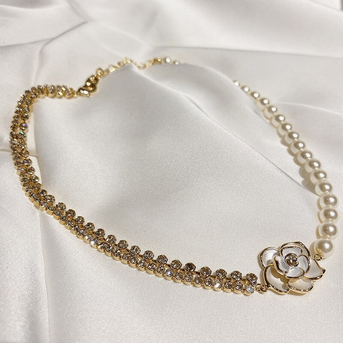 Wholesale pearl splicing camellia alloy necklace JDC-NE-BaoY001 Necklaces 宝钰 Wholesale Jewelry JoyasDeChina Joyas De China