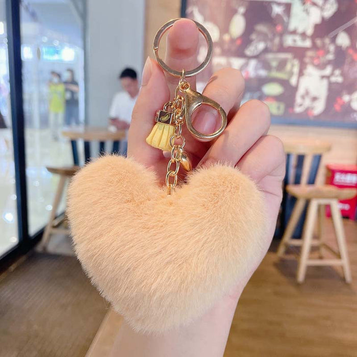 Wholesale Plush Leather Heart Tassel Pom Pom Keychain JDC-KC-JG157 Keychains 金葛 light yellow OPP bag Wholesale Jewelry JoyasDeChina Joyas De China