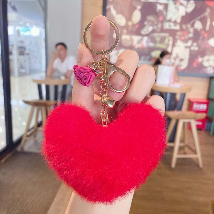 Wholesale Plush Leather Heart Tassel Pom Pom Keychain JDC-KC-JG157 Keychains 金葛 red OPP bag Wholesale Jewelry JoyasDeChina Joyas De China