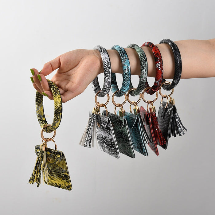 Wholesale PU Bracelet Leather Tassel Snake Print Card Holder Keychain JDC-KC-CaiC001 Keychains 彩澈 Wholesale Jewelry JoyasDeChina Joyas De China