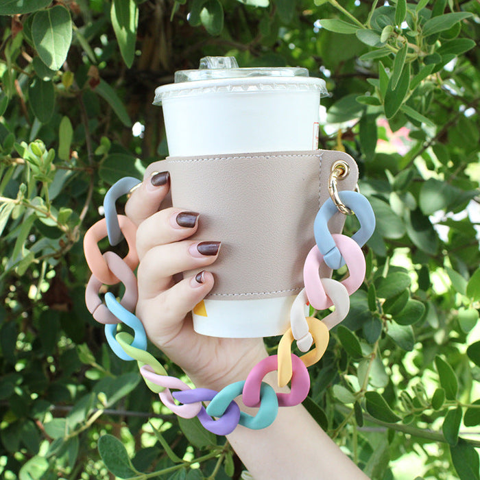 Wholesale PU Leather Coffee Cup Detachable Chain Cup Holder JDC-CUP-YouZ001 Cup Holder 悠智 Beige color chain Wholesale Jewelry JoyasDeChina Joyas De China