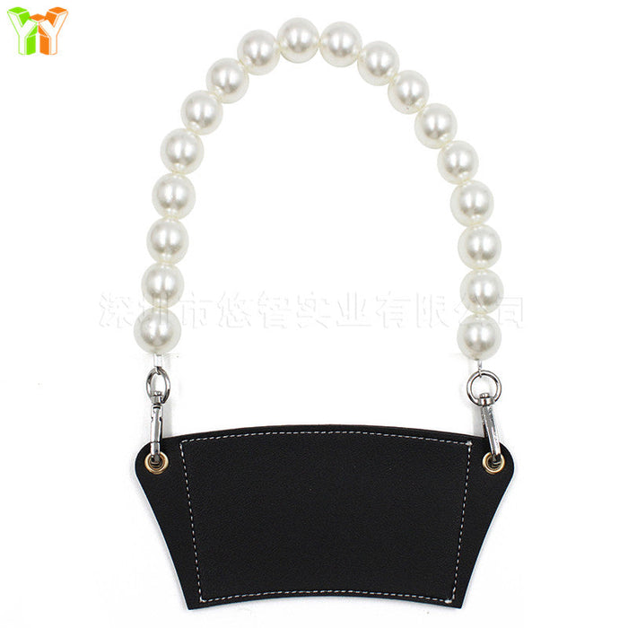 Wholesale PU Leather Coffee Cup Detachable Chain Cup Holder JDC-CUP-YouZ001 Cup Holder 悠智 Black Pearl Chain Wholesale Jewelry JoyasDeChina Joyas De China