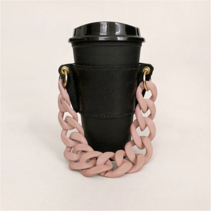 Wholesale PU Leather Coffee Cup Detachable Chain Cup Holder JDC-CUP-YouZ001 Cup Holder 悠智 Black pink chain Wholesale Jewelry JoyasDeChina Joyas De China