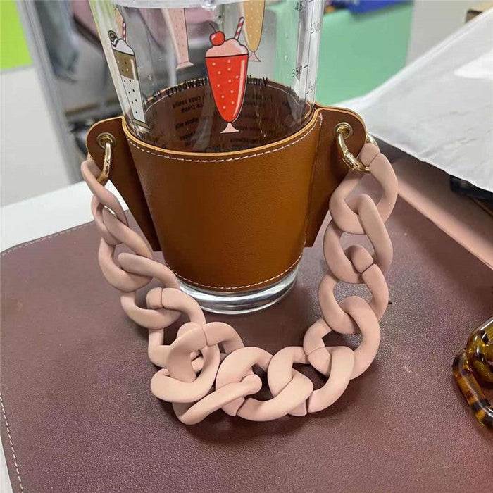 Wholesale PU Leather Coffee Cup Detachable Chain Cup Holder JDC-CUP-YouZ001 Cup Holder 悠智 Brown pink chain Wholesale Jewelry JoyasDeChina Joyas De China