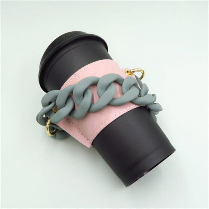 Wholesale PU Leather Coffee Cup Detachable Chain Cup Holder JDC-CUP-YouZ001 Cup Holder 悠智 Pink green color chain Wholesale Jewelry JoyasDeChina Joyas De China