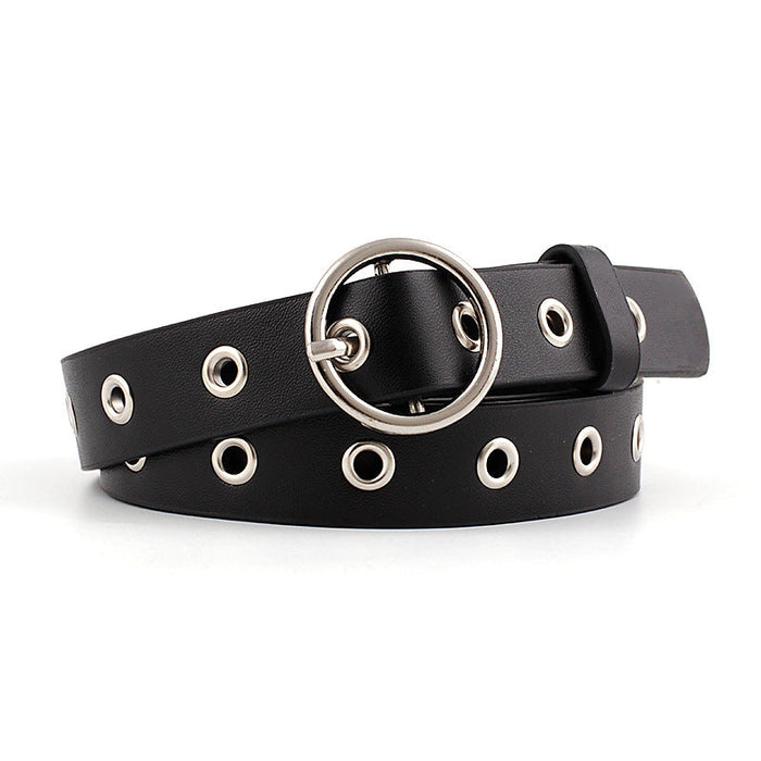 Wholesale PU Leather Hollow Round Buckle Women's Belt JDC-WB-Nuoy028 Womenbelt 诺娅 black length 110 width 2.3 Wholesale Jewelry JoyasDeChina Joyas De China