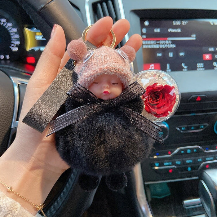 Wholesale red rex rabbit fur soft cute doll Pom Pom Keychain JDC-KC-LX046 Keychains 恋希 Black+flower+belt Wholesale Jewelry JoyasDeChina Joyas De China