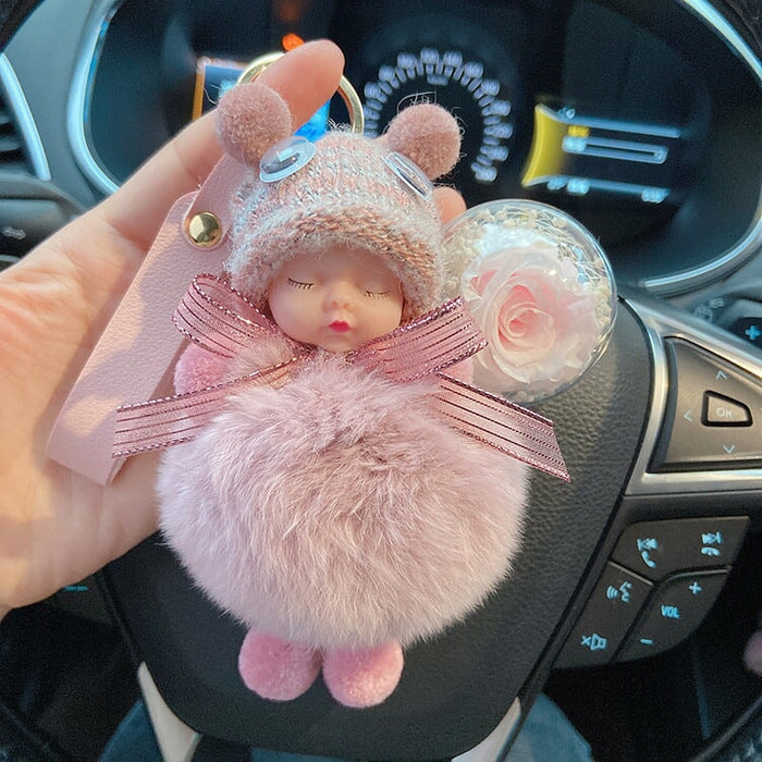 Wholesale red rex rabbit fur soft cute doll Pom Pom Keychain JDC-KC-LX046 Keychains 恋希 Leather powder+flower+belt Wholesale Jewelry JoyasDeChina Joyas De China