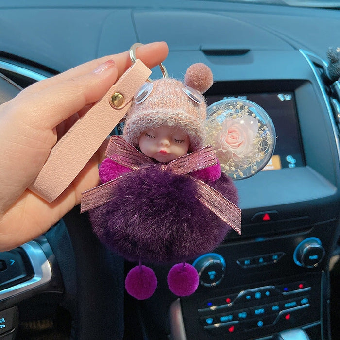 Wholesale red rex rabbit fur soft cute doll Pom Pom Keychain JDC-KC-LX046 Keychains 恋希 Purple + flower + belt Wholesale Jewelry JoyasDeChina Joyas De China