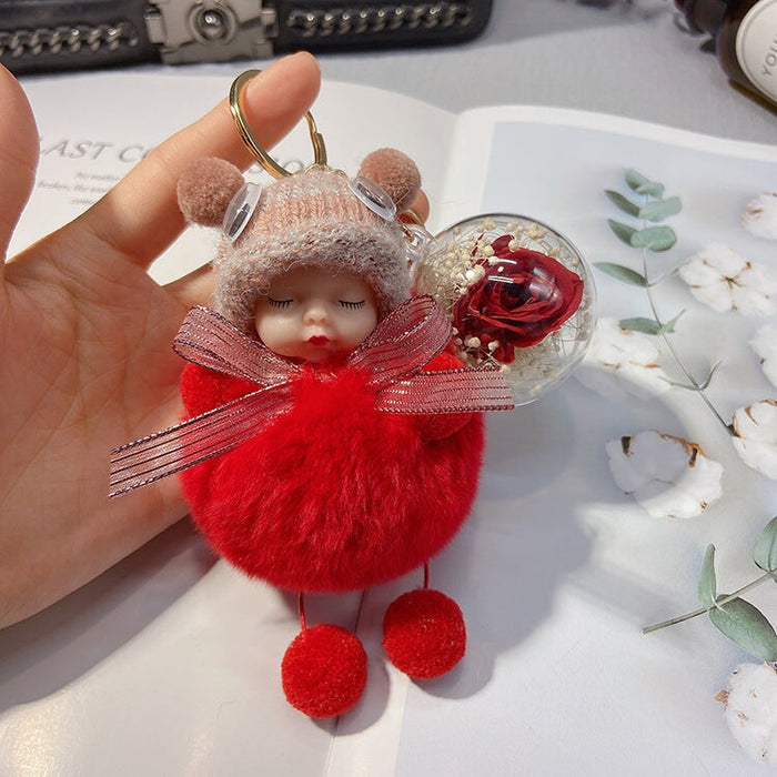 Wholesale red rex rabbit fur soft cute doll Pom Pom Keychain JDC-KC-LX046 Keychains 恋希 Red+Flowers Wholesale Jewelry JoyasDeChina Joyas De China