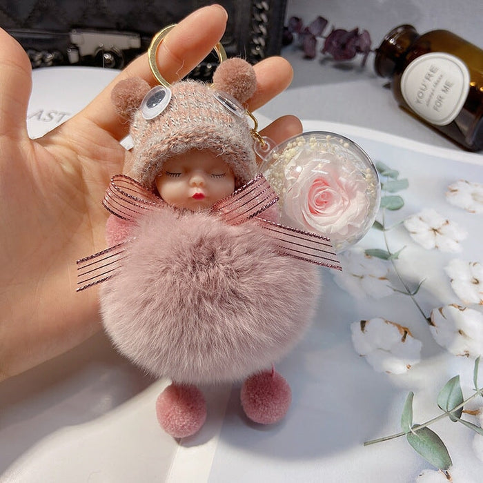 Wholesale red rex rabbit fur soft cute doll Pom Pom Keychain JDC-KC-LX046 Keychains 恋希 Skin powder+flower Wholesale Jewelry JoyasDeChina Joyas De China