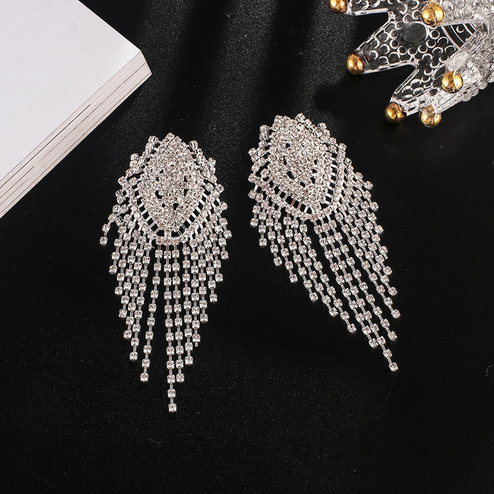 Wholesale Rhinestone Tassel Earrings JDC-ES-ZHONGW010 Earrings 众薇 Silver + White Diamond Wholesale Jewelry JoyasDeChina Joyas De China