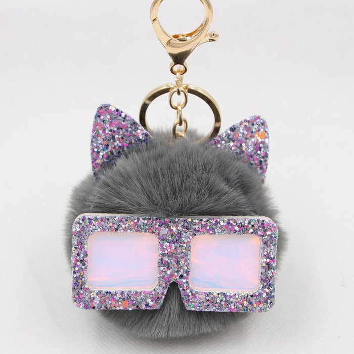 Wholesale Sequin Glasses Frame Imitation Rex Rabbit Hair Alloy Hair Ball Ear Keychain JDC-KC-Zuge028 Keychains 祖格 Dark gray / Wholesale Jewelry JoyasDeChina Joyas De China