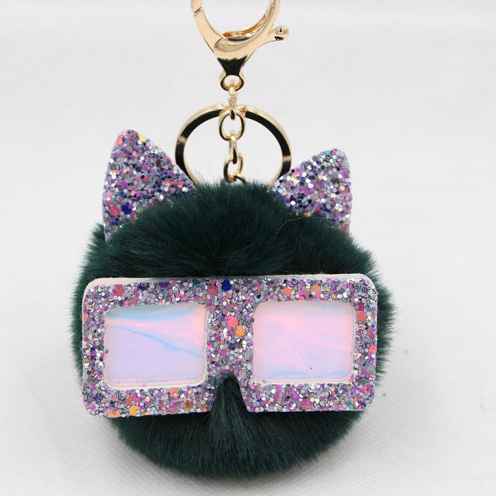 Wholesale Sequin Glasses Frame Imitation Rex Rabbit Hair Alloy Hair Ball Ear Keychain JDC-KC-Zuge028 Keychains 祖格 dark green / Wholesale Jewelry JoyasDeChina Joyas De China