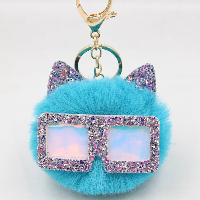 Wholesale Sequin Glasses Frame Imitation Rex Rabbit Hair Alloy Hair Ball Ear Keychain JDC-KC-Zuge028 Keychains 祖格 lake blue / Wholesale Jewelry JoyasDeChina Joyas De China