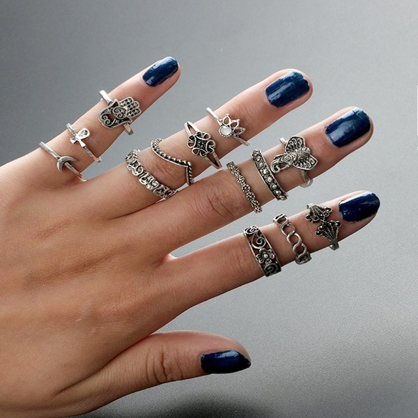 Bulk Jewelry Wholesale silver alloy elephant crescent inlaid gem 13 sets of rings JDC-RS-C111 Wholesale factory from China YIWU China