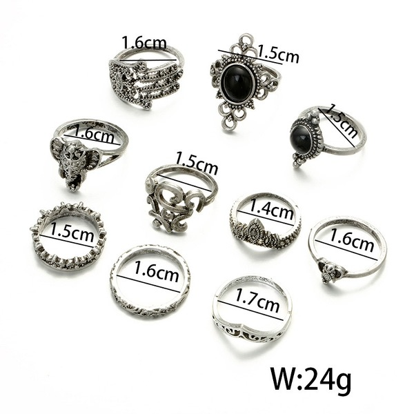 Bulk Jewelry Wholesale silver alloy hollow carved crown black gem 10-piece set ring JDC-RS-C190 Wholesale factory from China YIWU China