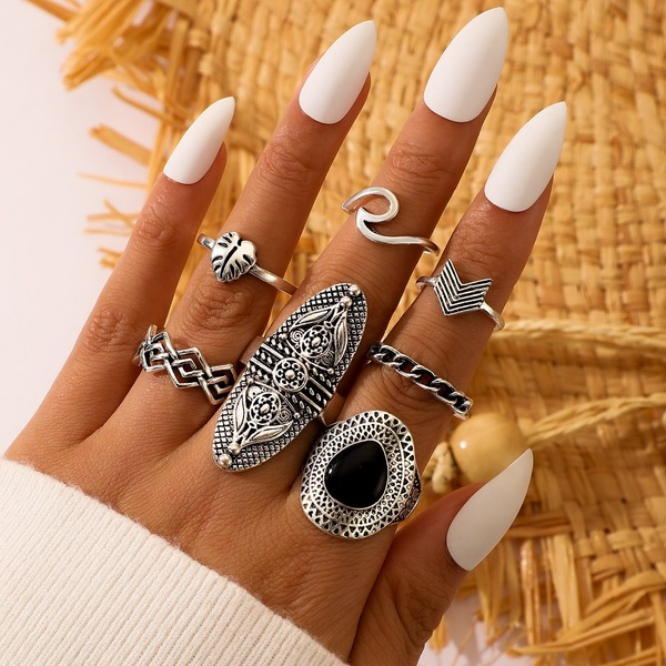 Bulk Jewelry Wholesale silver alloy set black gem wave leaf ring 7-piece set JDC-RS-C199 Wholesale factory from China YIWU China