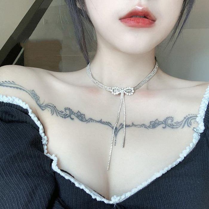 Bulk Jewelry Wholesale silver bow rhinestone stainless steel necklace choker JDC-NE-L016 Wholesale factory from China YIWU China