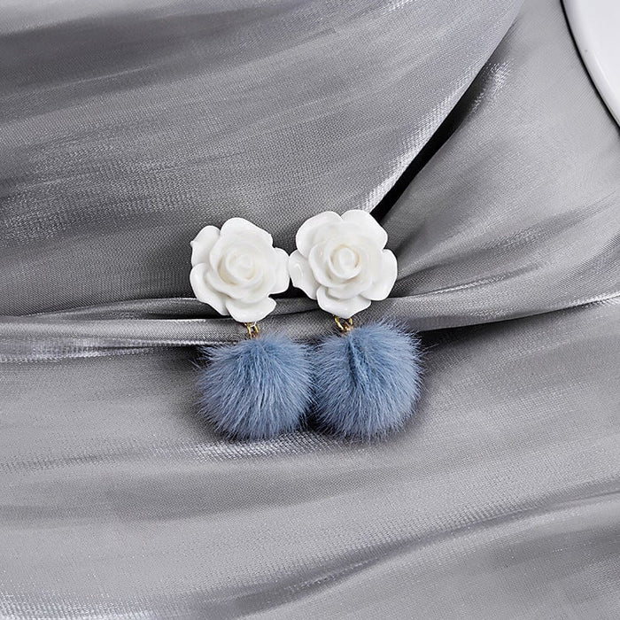 Wholesale Silver Needle Alloy Plush Rose Flower Hair Ball Earrings JDC-ES-GSMDD026 Earrings 萌豆豆 E4470-3 Wholesale Jewelry JoyasDeChina Joyas De China