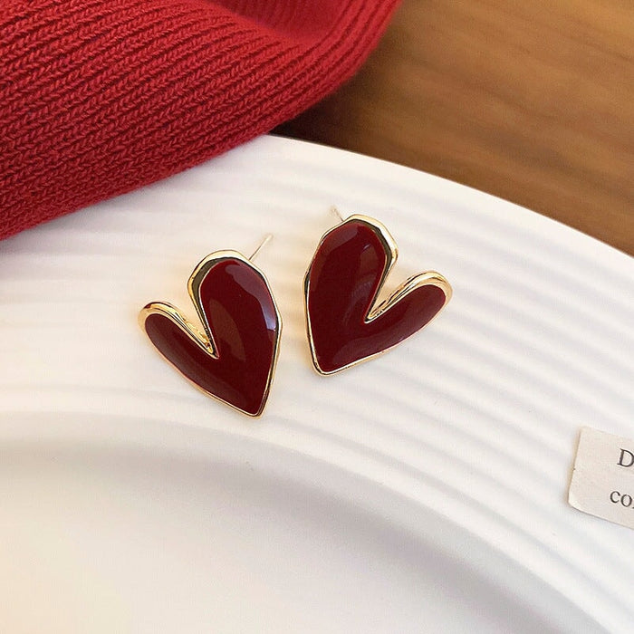 Wholesale Silver Needle Enamel Alloy Heart Earrings JDC-ES-BY176 Earrings 宝钰 dark red Wholesale Jewelry JoyasDeChina Joyas De China