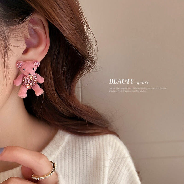 Wholesale Silver Needle Rhinestone Flocking Bear Fabric Earrings JDC-ES-BY189 Earrings 宝钰 Wholesale Jewelry JoyasDeChina Joyas De China