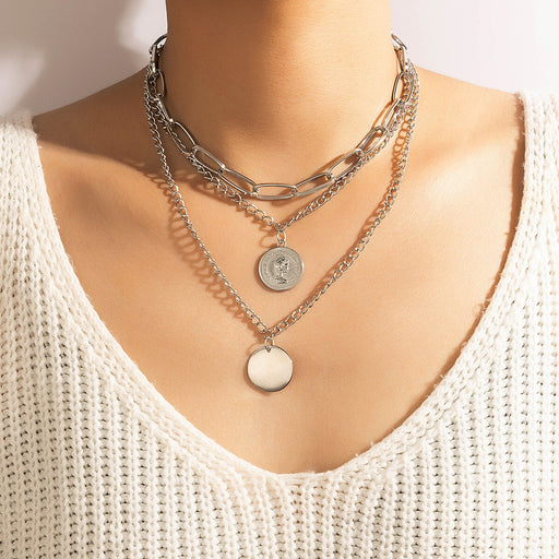Wholesale simple punk thick chain multilayer silver wafer Necklace JDC-NE-C237 necklaces 陌茗 9848-silver Wholesale Jewelry JoyasDeChina Joyas De China