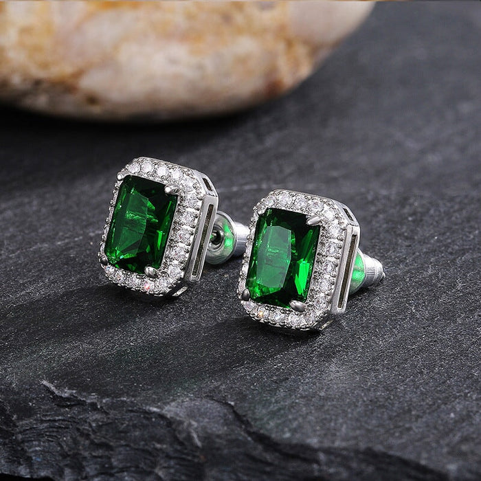 Wholesale square full diamond set green zircon stud earrings JDC-ES-Caos003 Earrings 曹适 69 Wholesale Jewelry JoyasDeChina Joyas De China