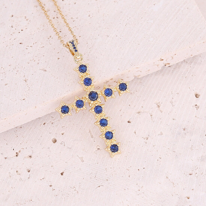 Wholesale Stainless Steel Copper Micro Inlaid Zircon Cross Pendant Necklace JDC-NE-Bingm015 necklaces 冰萌 6# sapphire blue Wholesale Jewelry JoyasDeChina Joyas De China