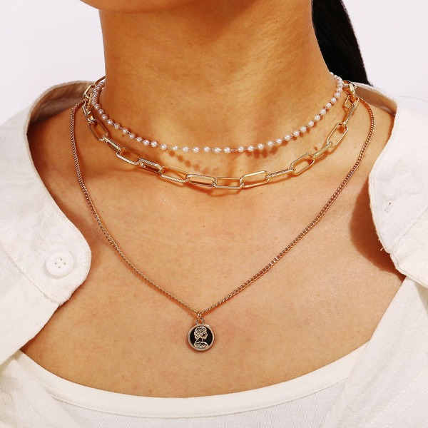 Bulk Jewelry Wholesale sweater chain portrait pearl chain three layer clavicle chain  JDC-NE-F318 Wholesale factory from China YIWU China