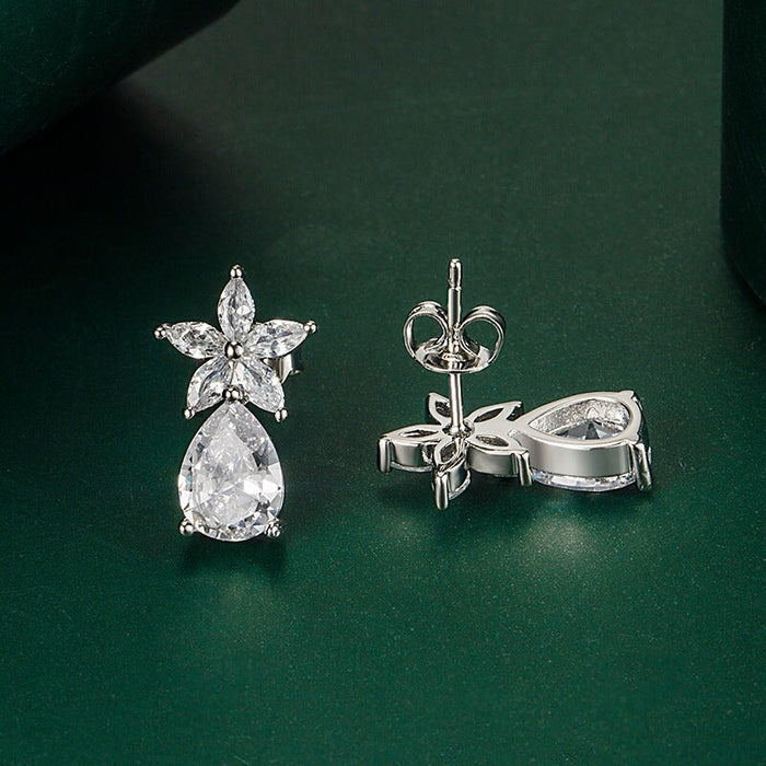 Wholesale teardrop shaped flower plated silver stud earrings JDC-ES-BZ012 Earrings 标志 Wholesale Jewelry JoyasDeChina Joyas De China