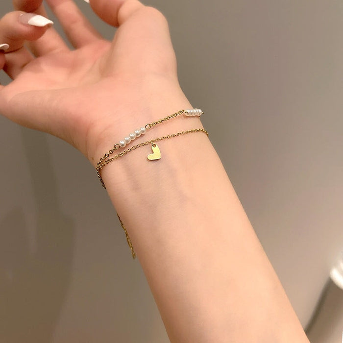 Wholesale Titanium Steel Pearl Love Double Layer Bracelet JDC-BT-HanJ008 Bracelet 韩爵 S141 gold Wholesale Jewelry JoyasDeChina Joyas De China