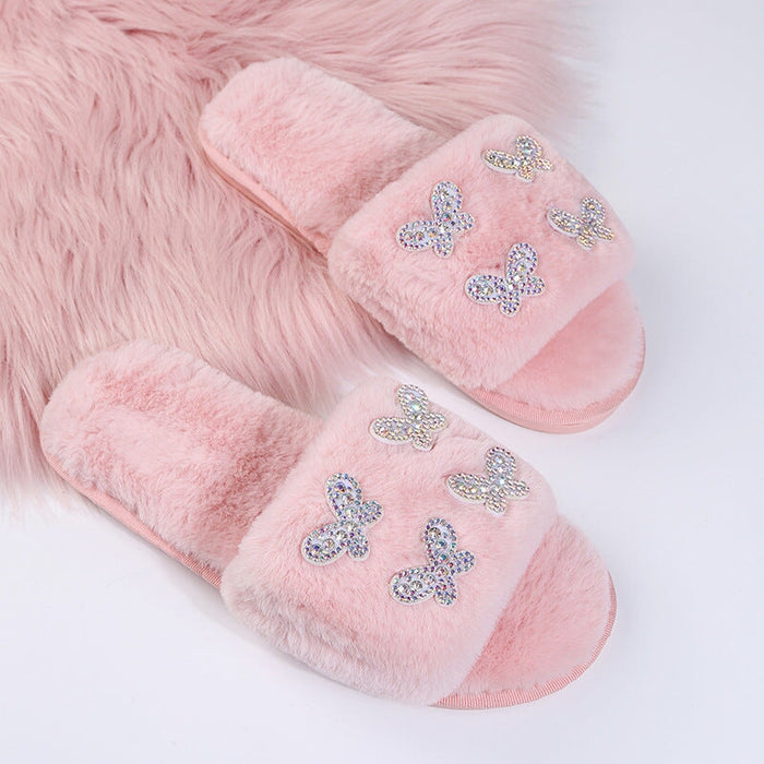 Wholesale TPR Sole Plush Autumn and Winter Rhinestone Butterfly Fluffy Slippers JDC-SD-ZeG001 Slippers 泽国 Wholesale Jewelry JoyasDeChina Joyas De China