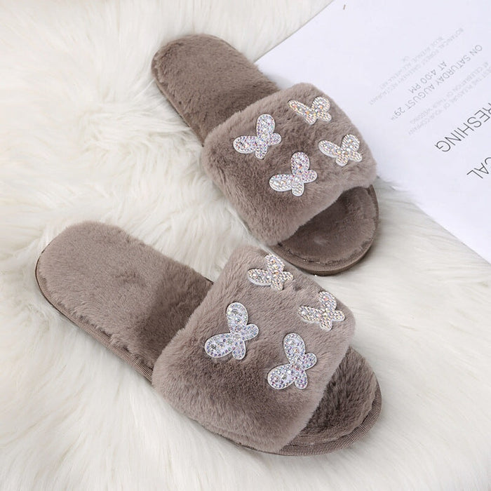 Wholesale TPR Sole Plush Autumn and Winter Rhinestone Butterfly Fluffy Slippers JDC-SD-ZeG001 Slippers 泽国 khaki 36-37 Wholesale Jewelry JoyasDeChina Joyas De China