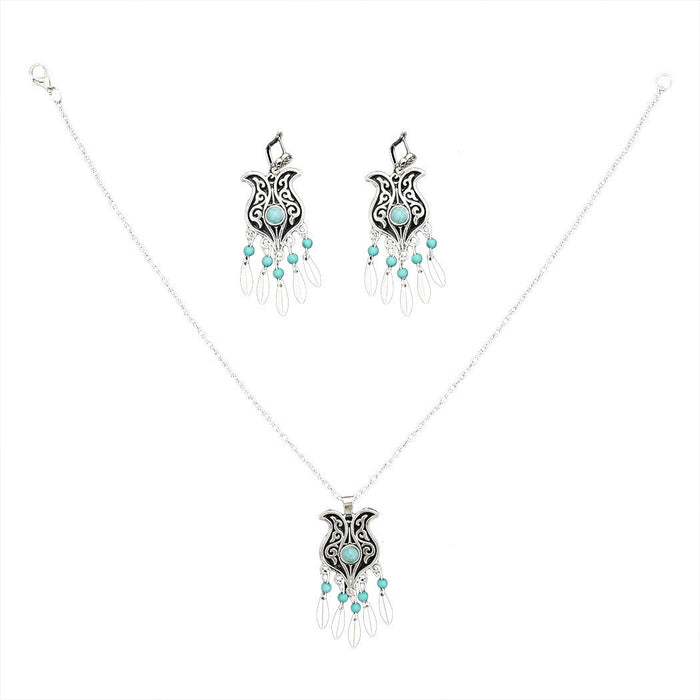 Wholesale Turquoise Leaf Tassel Alloy Earrings Necklace Set JDC-NE-Yunl004 Necklaces 云罗 Wholesale Jewelry JoyasDeChina Joyas De China