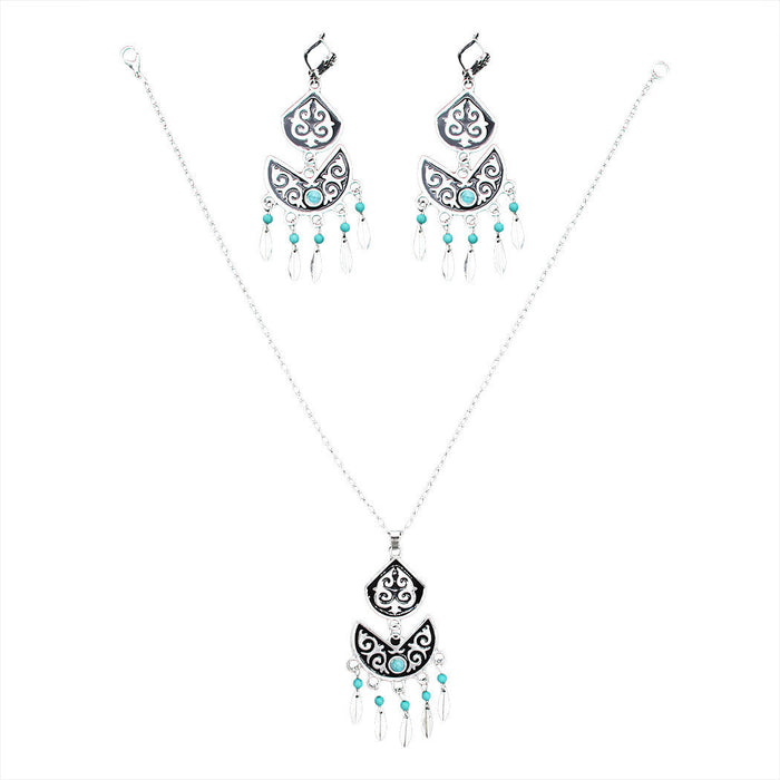 Wholesale Turquoise Leaf Tassel Alloy Earrings Necklace Set JDC-NE-Yunl004 Necklaces 云罗 7068green Wholesale Jewelry JoyasDeChina Joyas De China