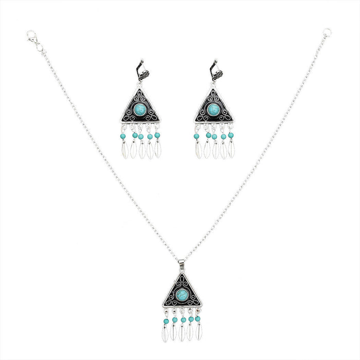 Wholesale Turquoise Leaf Tassel Alloy Earrings Necklace Set JDC-NE-Yunl004 Necklaces 云罗 7070D Wholesale Jewelry JoyasDeChina Joyas De China