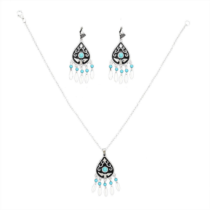 Wholesale Turquoise Leaf Tassel Alloy Earrings Necklace Set JDC-NE-Yunl004 Necklaces 云罗 7071C Wholesale Jewelry JoyasDeChina Joyas De China